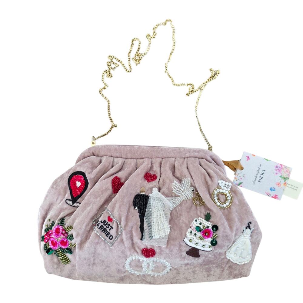 Boutique Mauve Pink Just Married Crossbody Clutch Bag with Sequins & Rhinestones